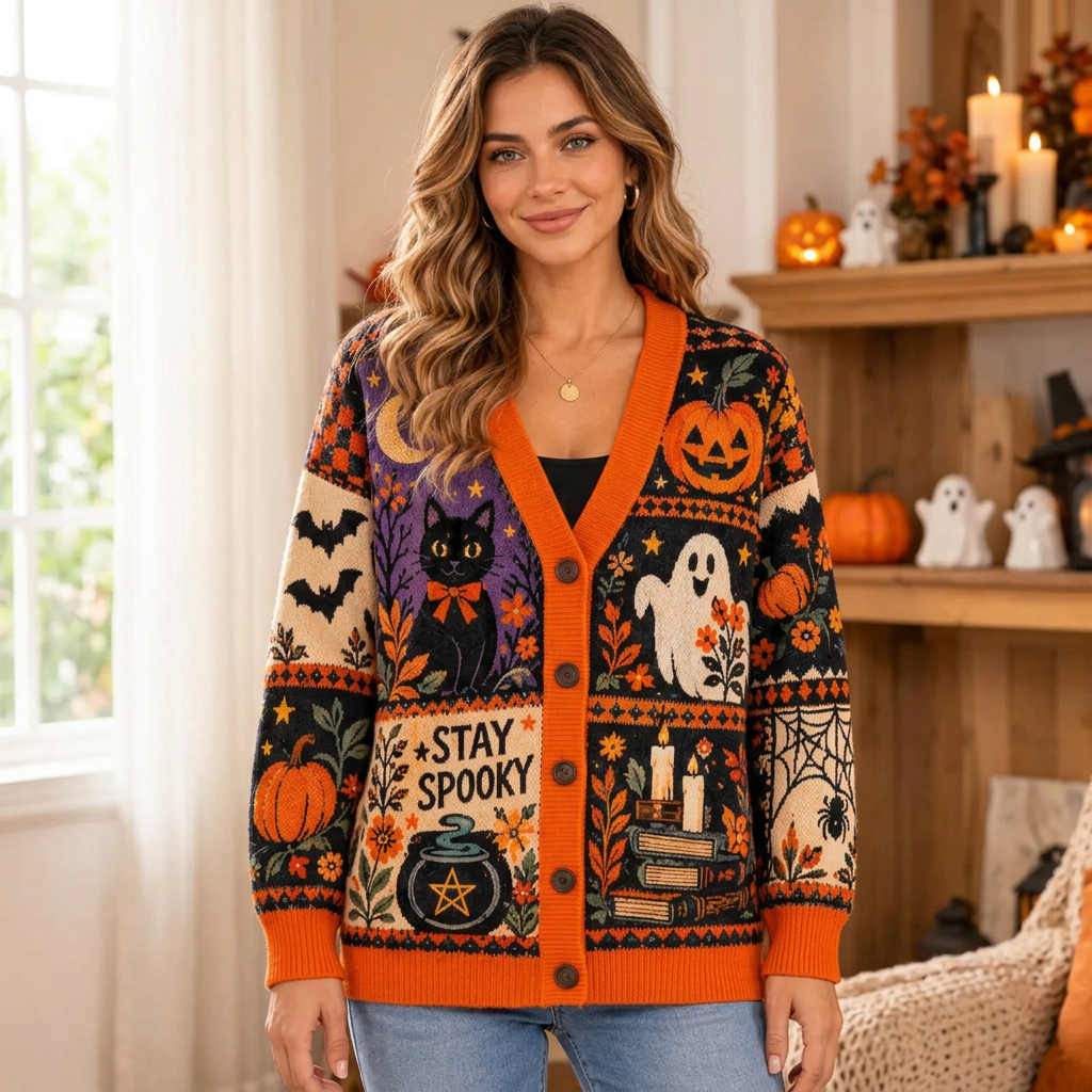 Female model wearing the Stay Spooky cardigan