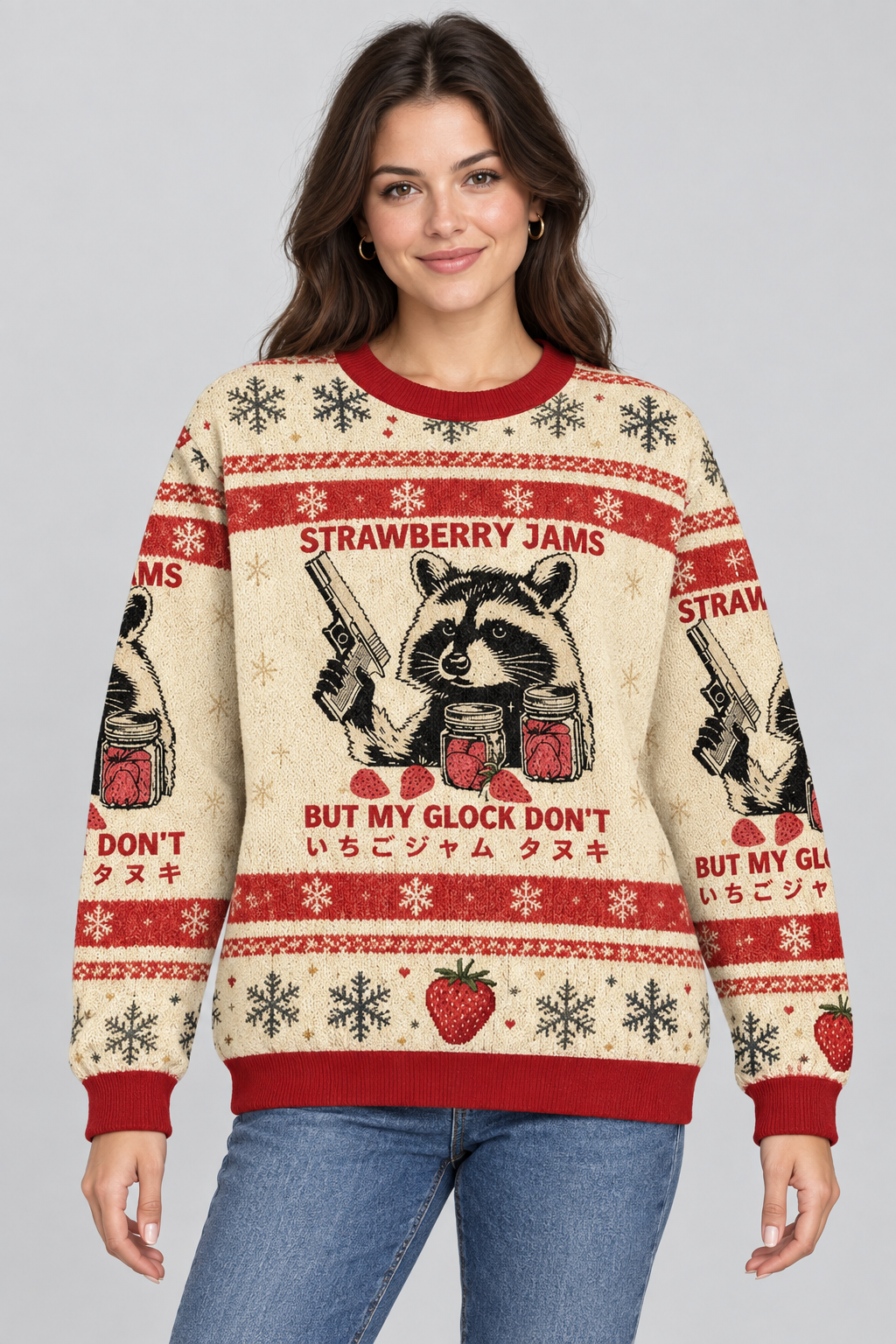 Female model wearing the sweater