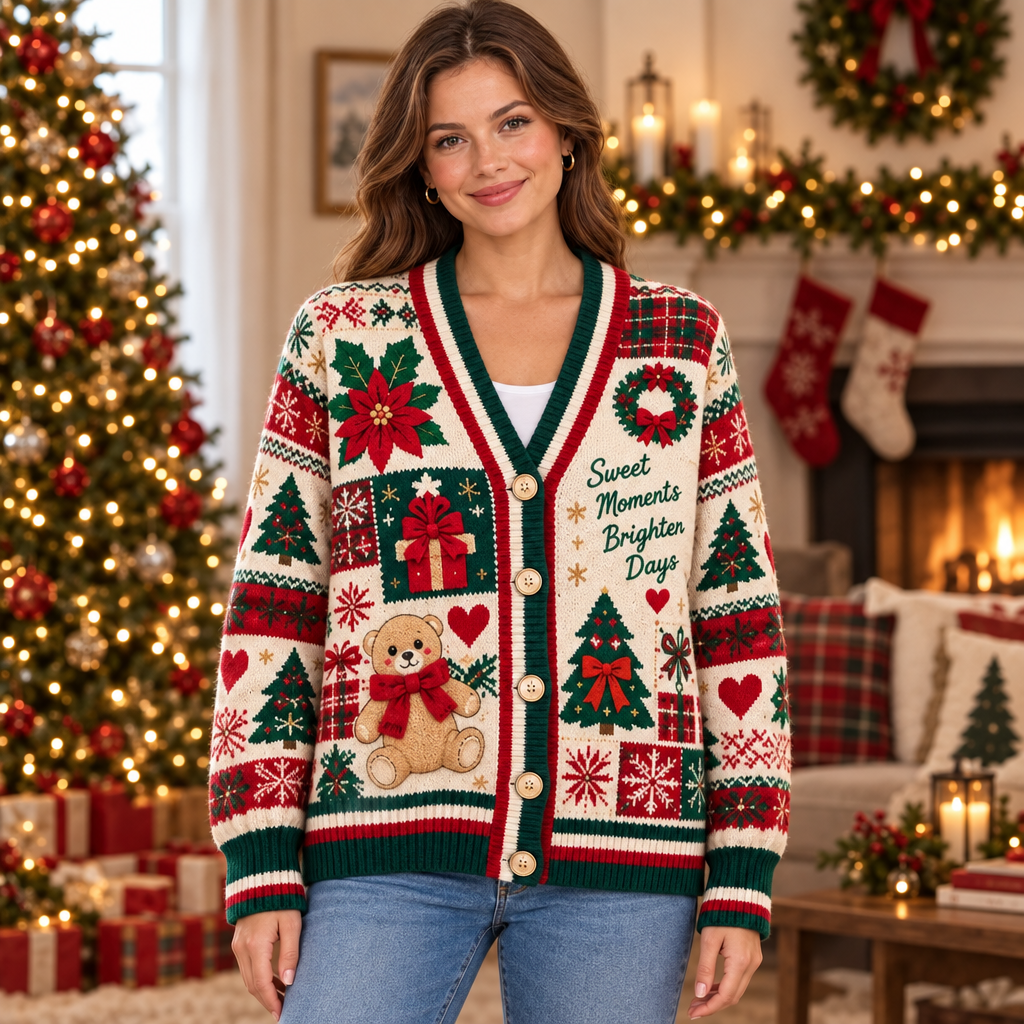 Female model wearing the Sweet Moments Christmas cardigan