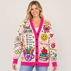 Female model wearing the teacher cardigan