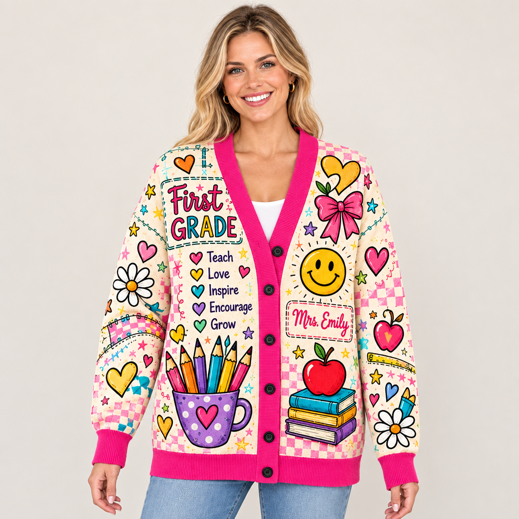Female model wearing the teacher cardigan
