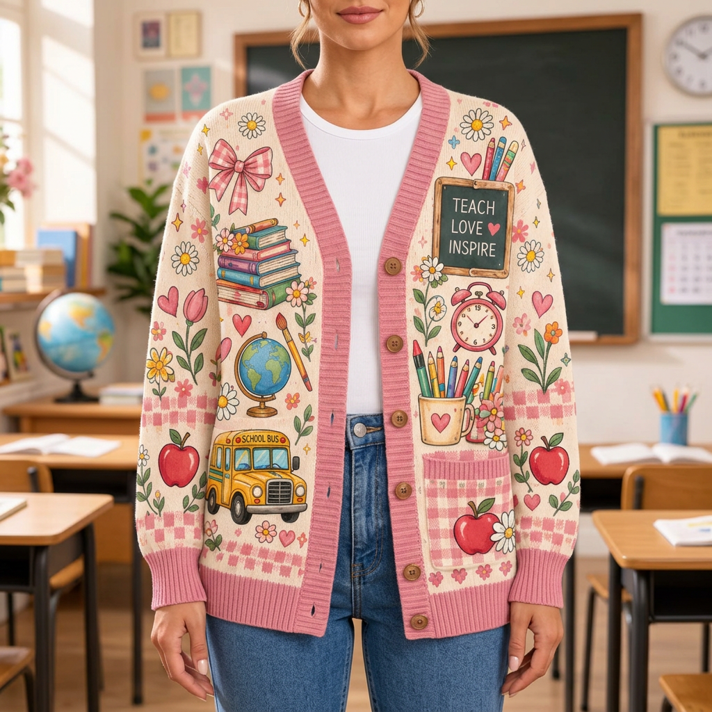 Female model wearing the teacher cardigan