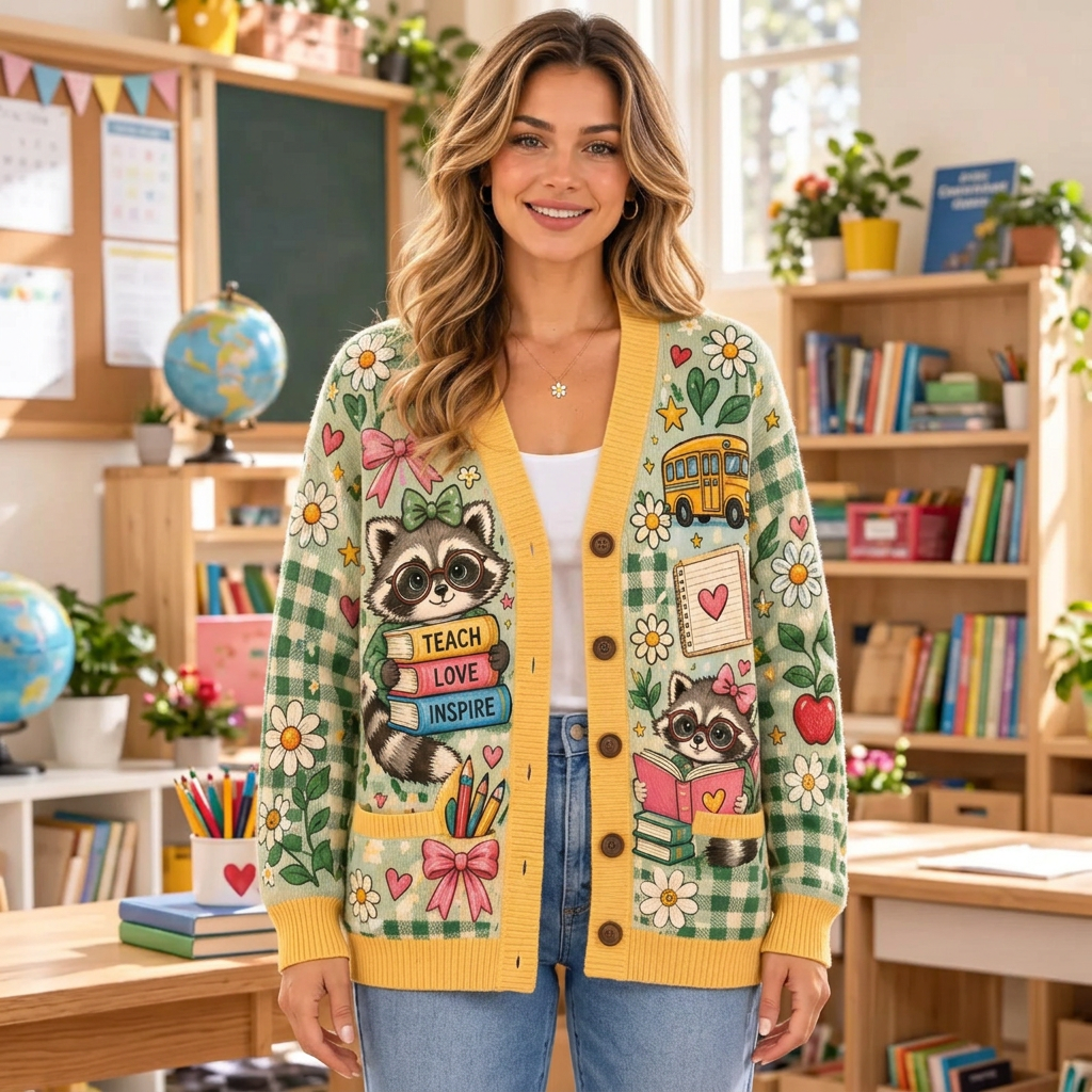 Female model wearing the teacher raccoon cardigan