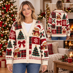 Female model wearing the teddy-bear Christmas cardigan