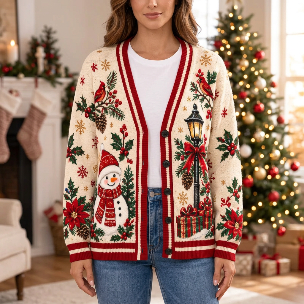 Female model wearing the Tis The Season cardigan