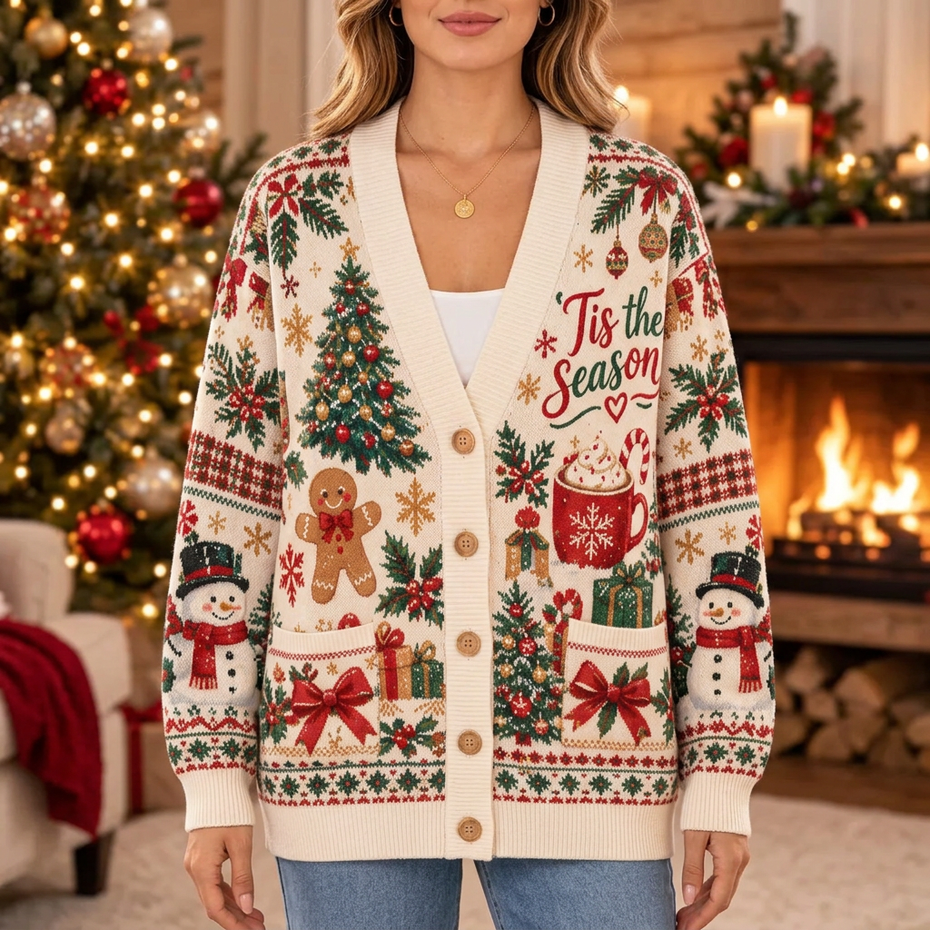 Female model wearing the Tis the Season Christmas cardigan