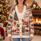 Female model wearing the Tis the Season Christmas cardigan