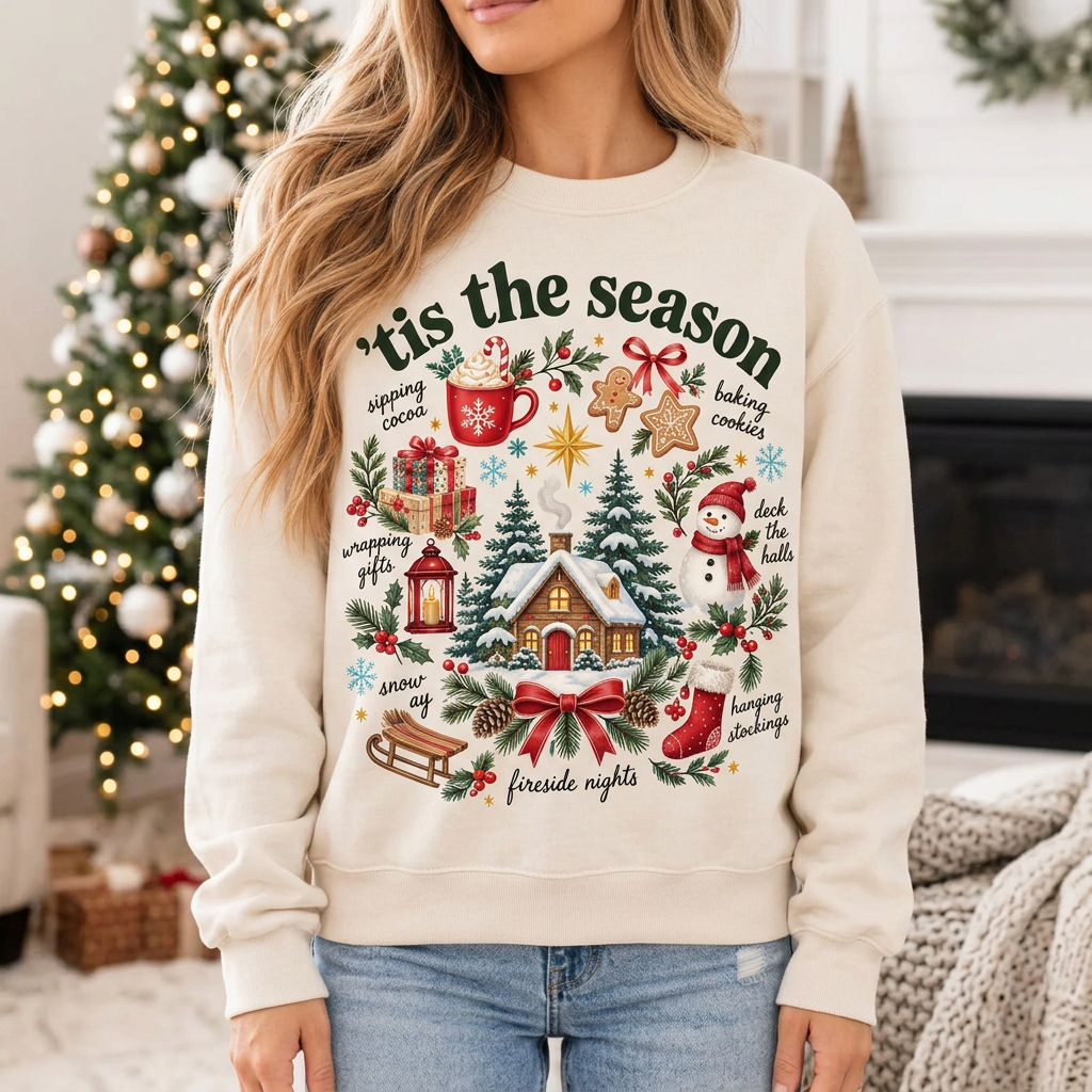 Female model wearing the Tis the Season sweatshirt