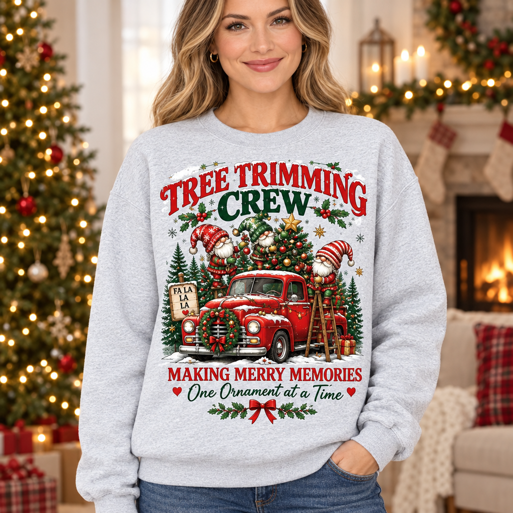 Female model wearing the Tree Trimming Crew sweatshirt