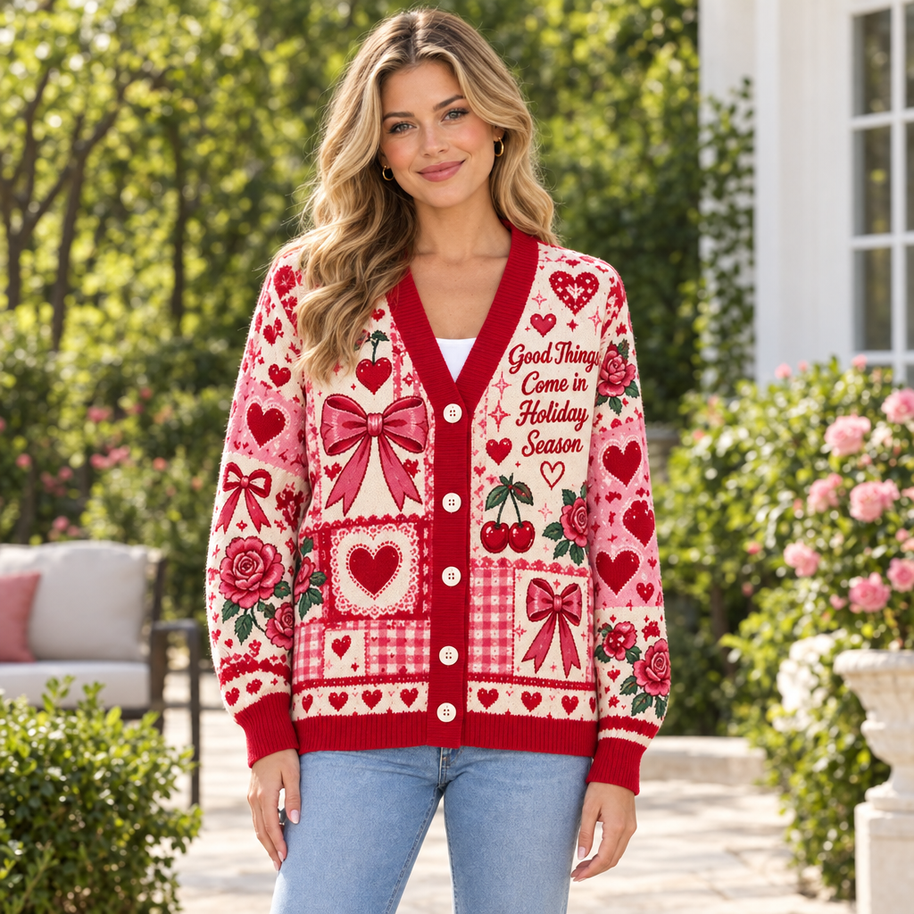 Female model wearing the Valentine bow-and-cherry cardigan