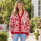 Female model wearing the Valentine bow-and-cherry cardigan