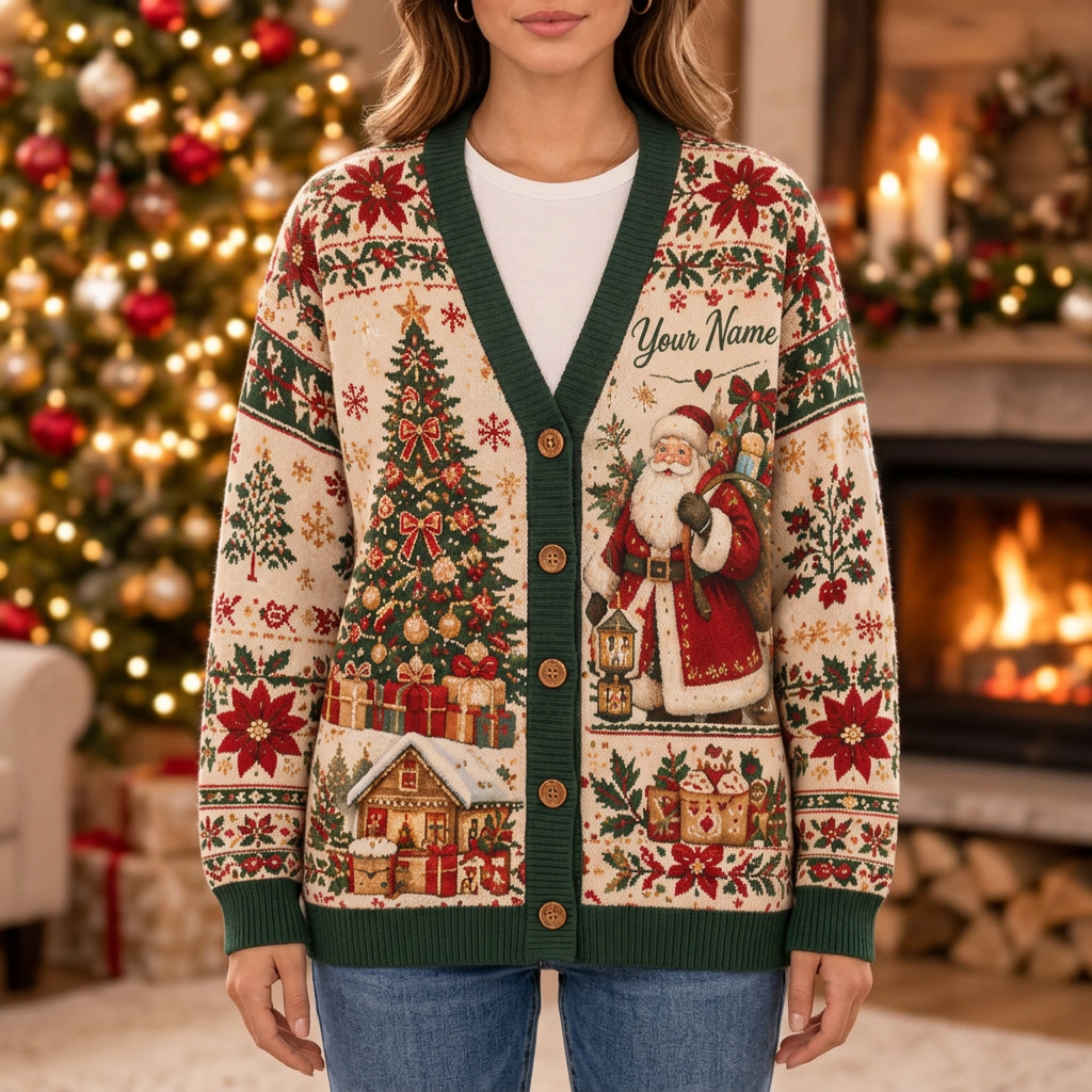 Female model wearing the Vintage Christmas Santa cardigan