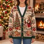 Female model wearing the Vintage Christmas Santa cardigan