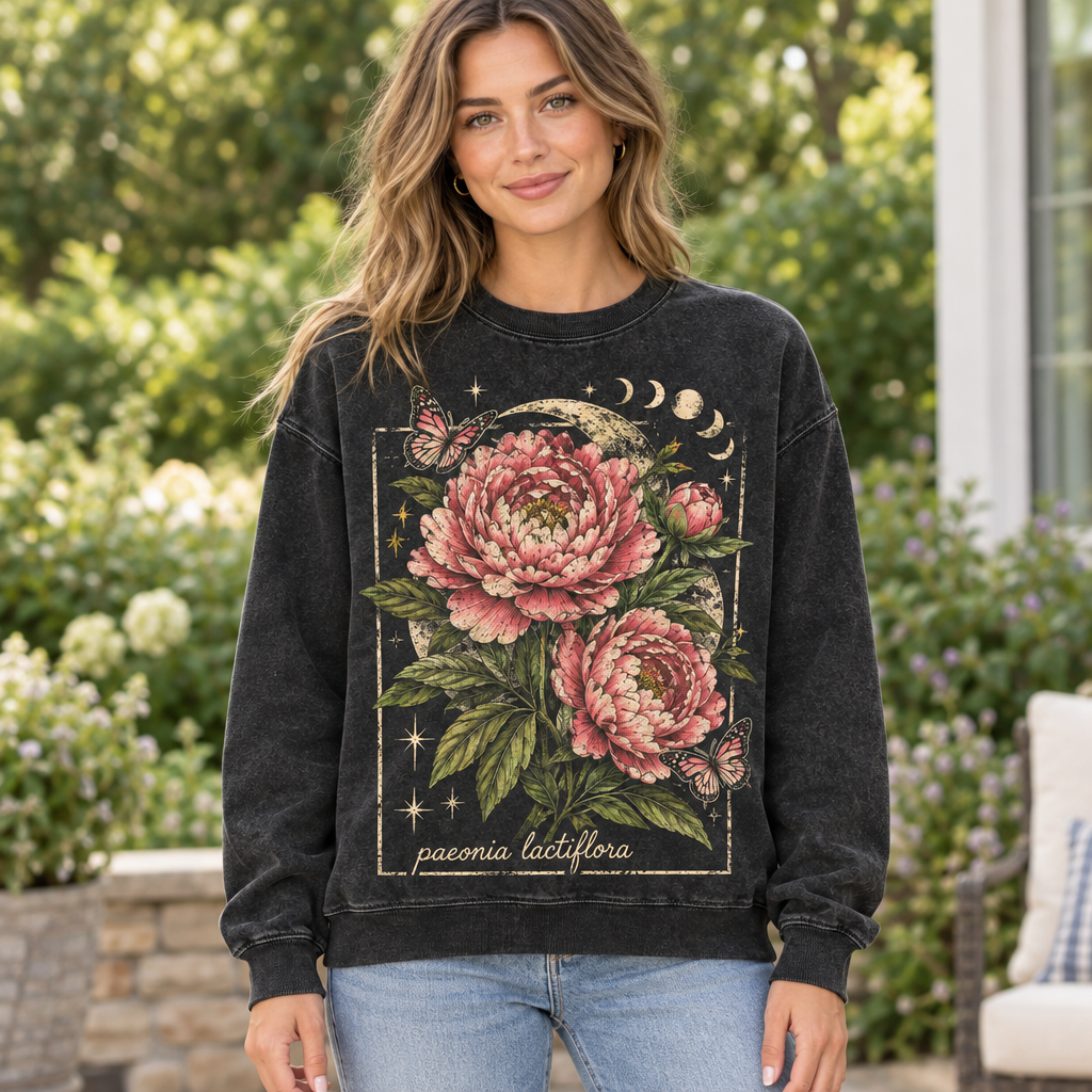 Female model wearing the vintage peony sweatshirt
