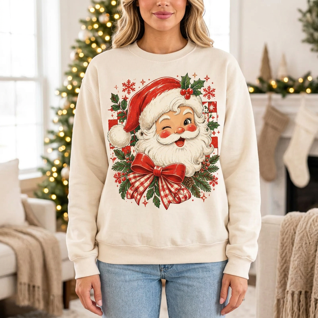 Female model wearing the vintage Santa sweatshirt