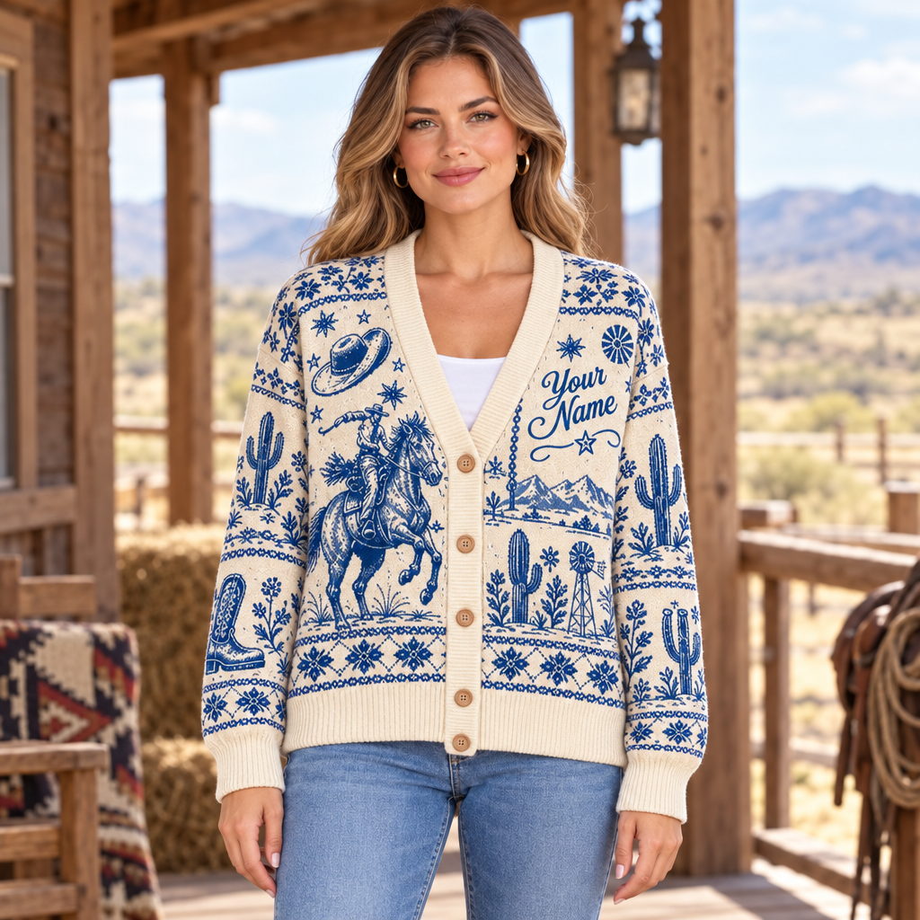 Female model wearing the western cardigan