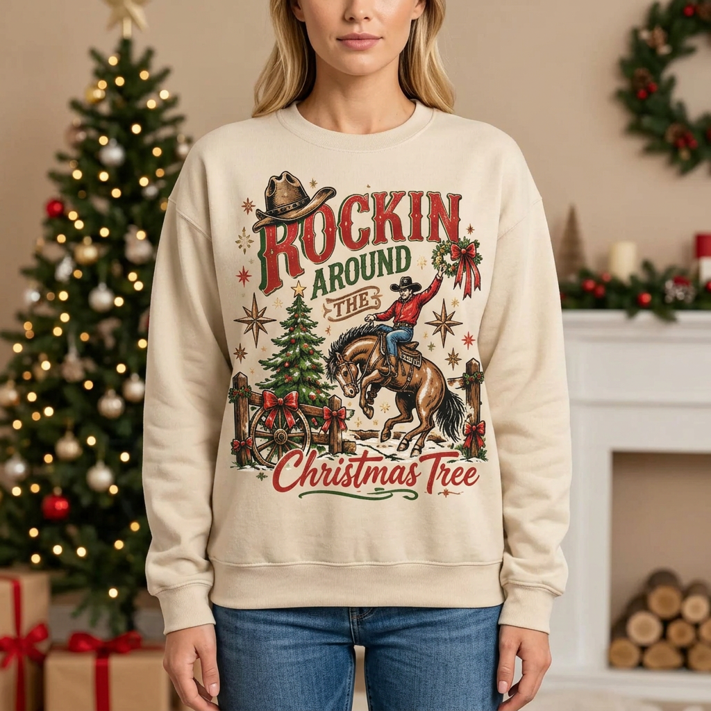 Female model wearing the Western Christmas sweatshirt