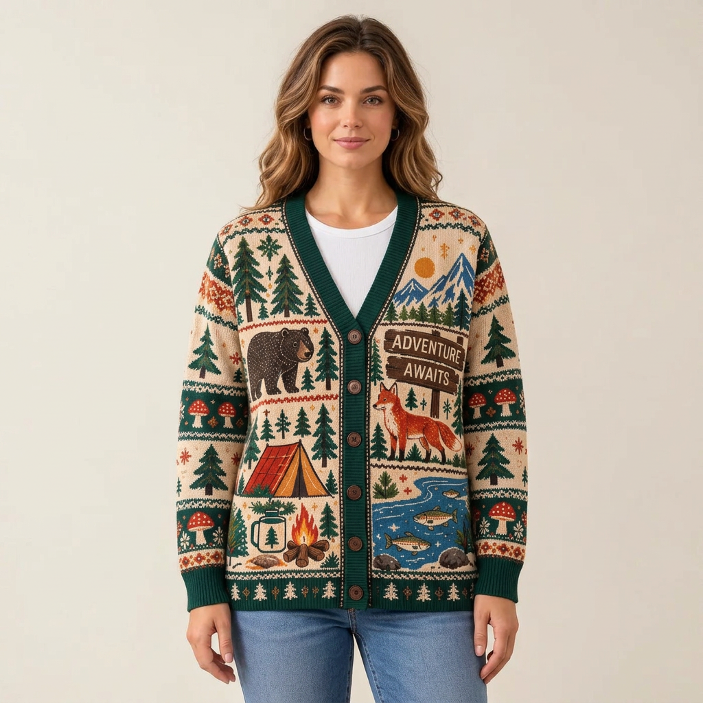 Female model wearing the wilderness camping cardigan