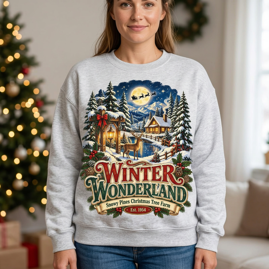 Female model wearing the Winter Wonderland sweatshirt