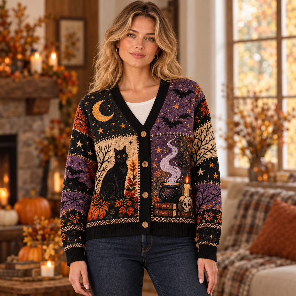 Female model wearing the Witchy Autumn cardigan