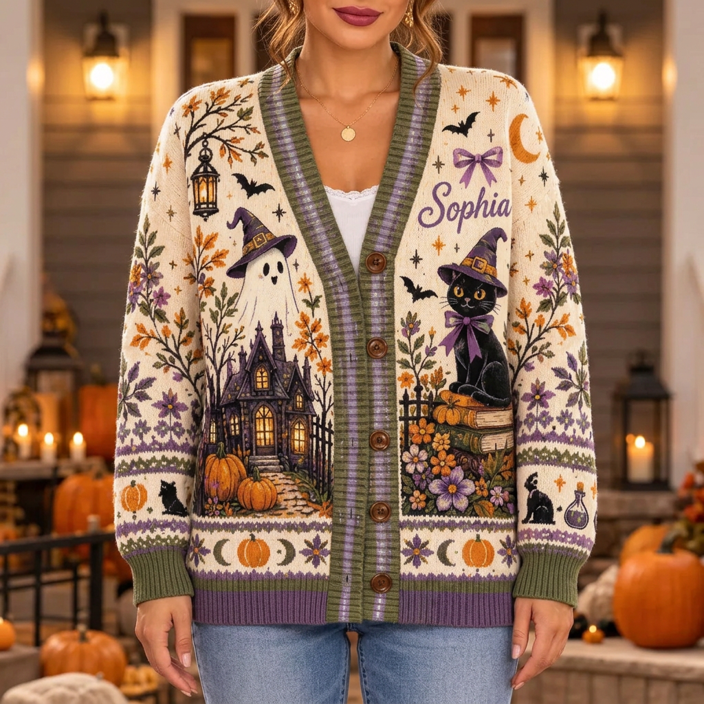 Female model wearing the witchy cat and ghost cardigan