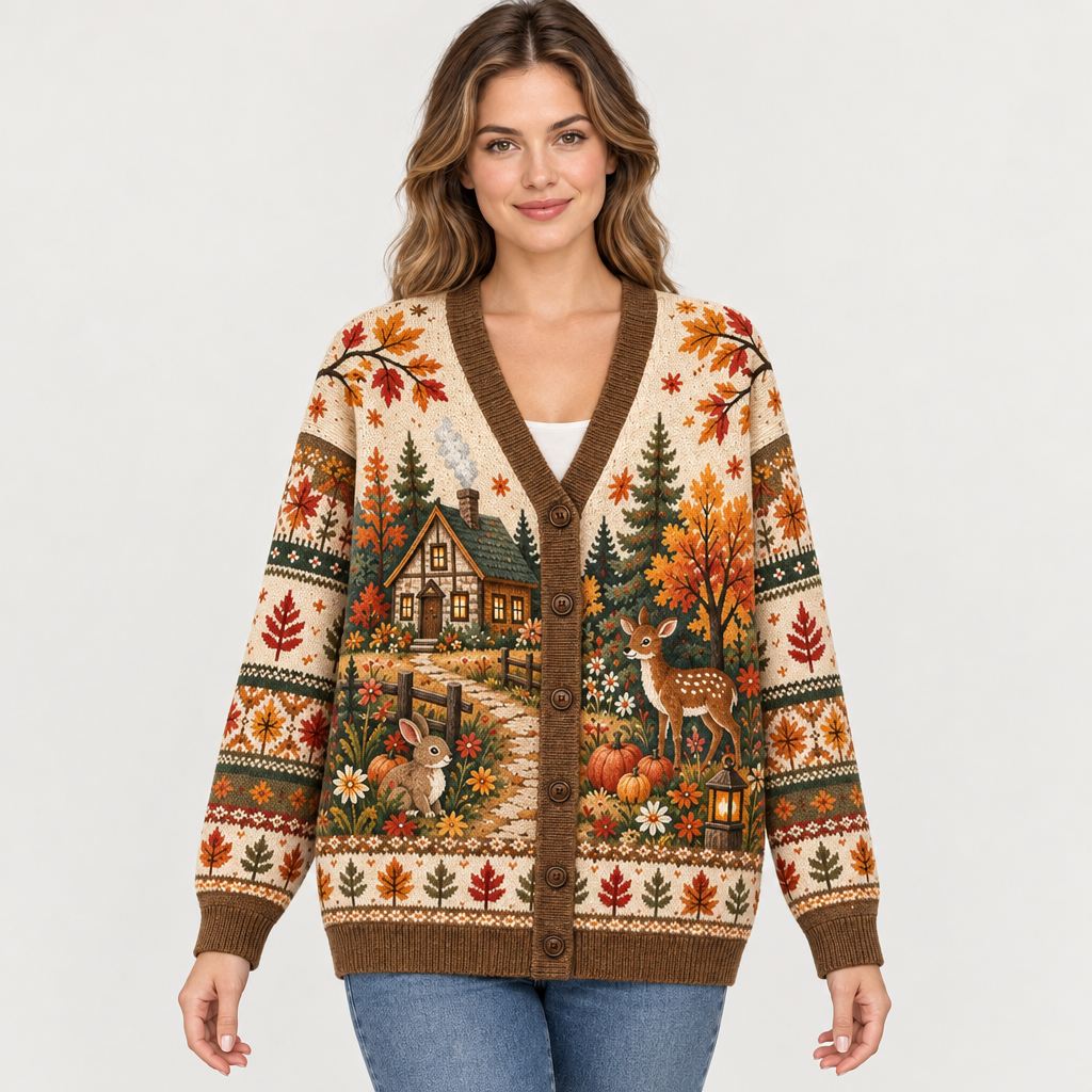 Female model wearing the woodland cardigan
