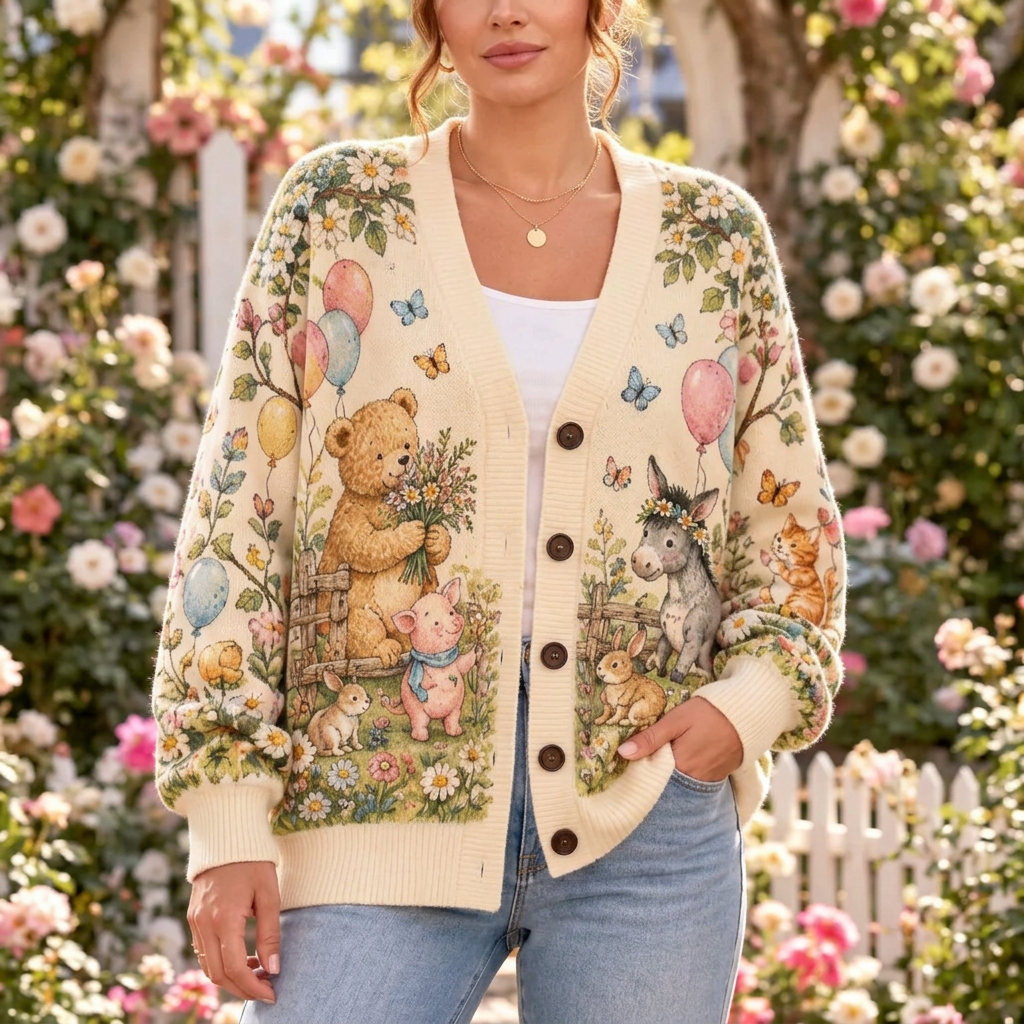 Female model wearing the woodland cardigan