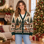 Female model wearing the woodland Christmas cardigan