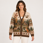 Female model wearing the woodland deer-and-fox cardigan
