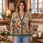Female model wearing the woodland wildlife cardigan