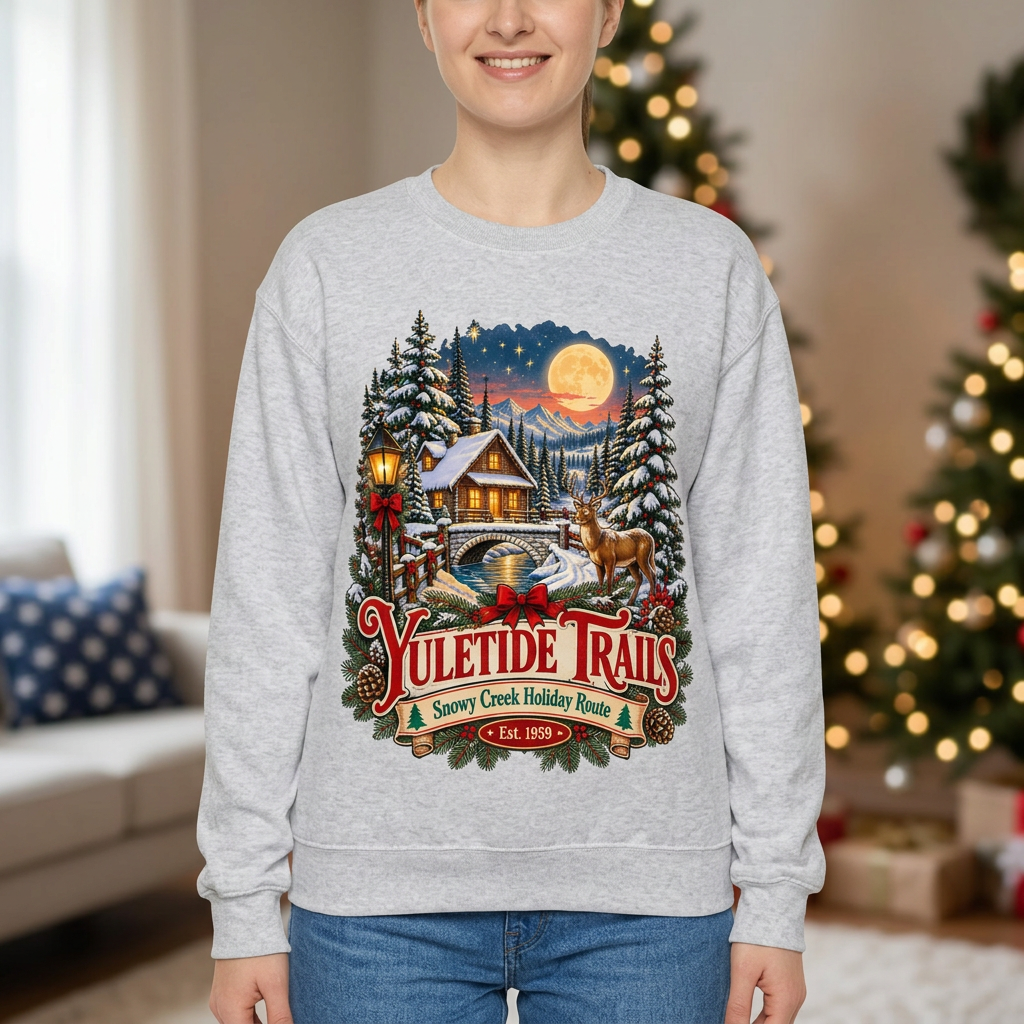 Female model wearing the Yuletide Trails sweatshirt