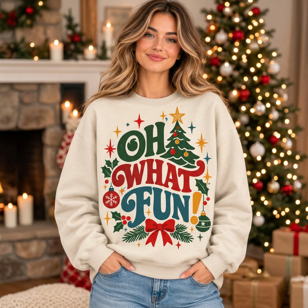 Female Oh What Fun Christmas sweatshirt mockup