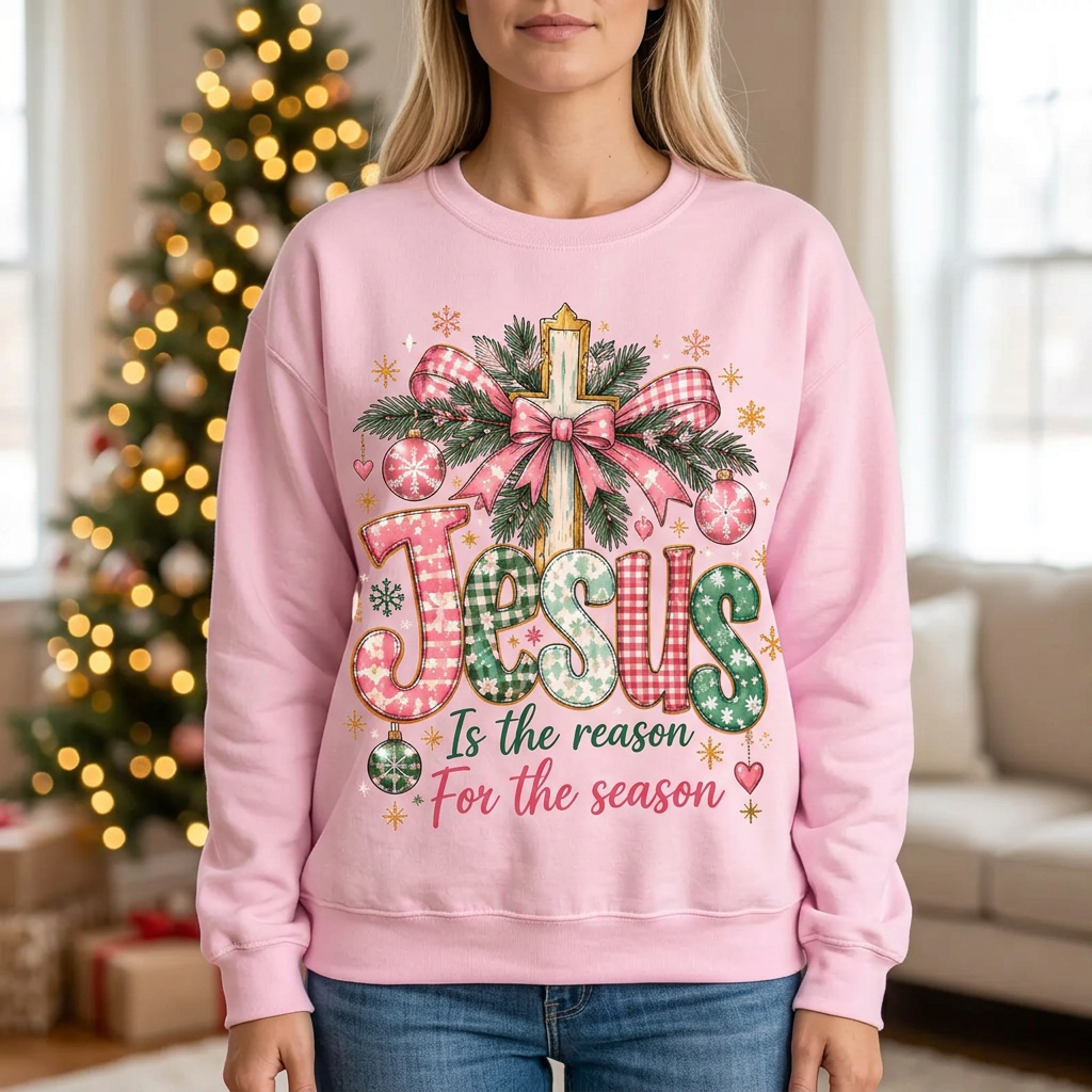 Female pink Jesus Christmas sweatshirt mockup