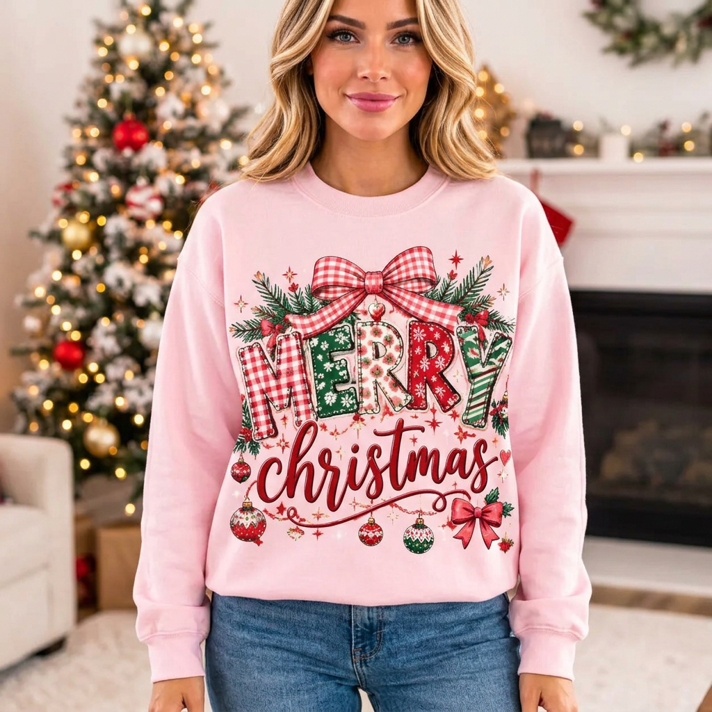 Female pink Merry Christmas sweatshirt mockup