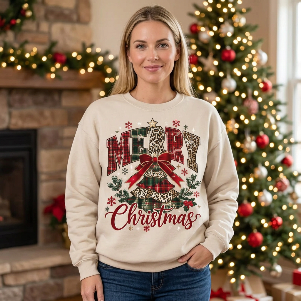 Female plaid and leopard Christmas tree sweatshirt mockup