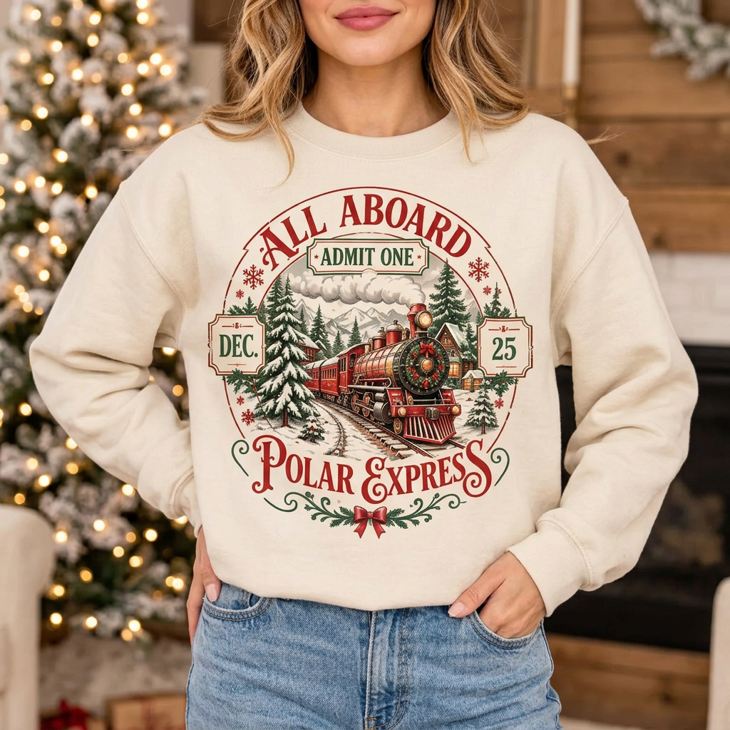 Female Polar Express Christmas sweatshirt mockup