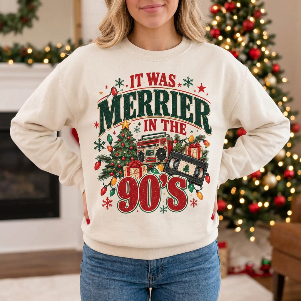 Female retro 90s Christmas sweatshirt mockup