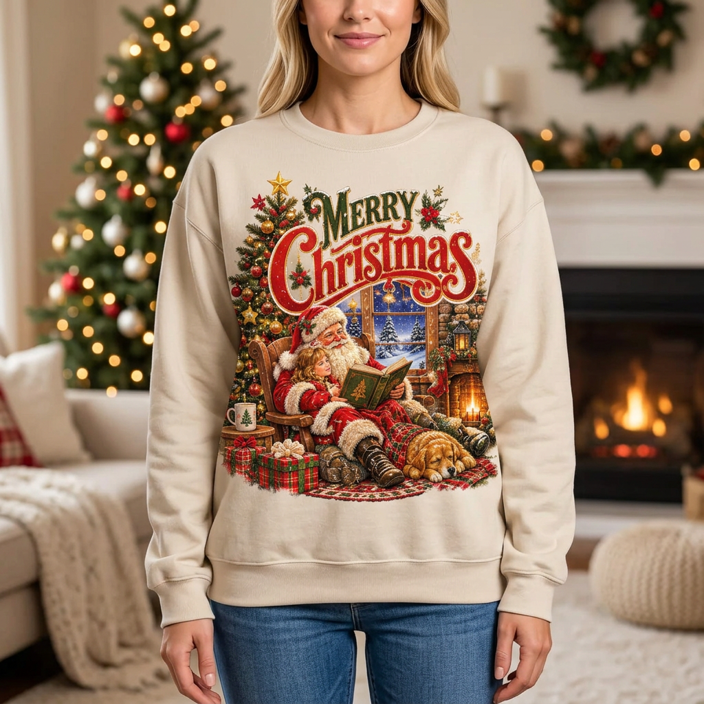 Female Santa reading Christmas sweatshirt mockup