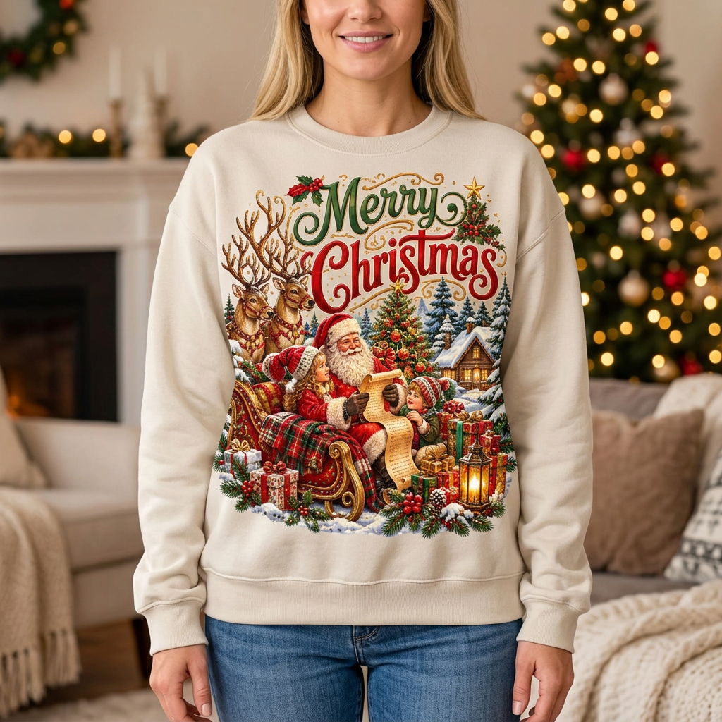 Female Santa sleigh Christmas sweatshirt mockup