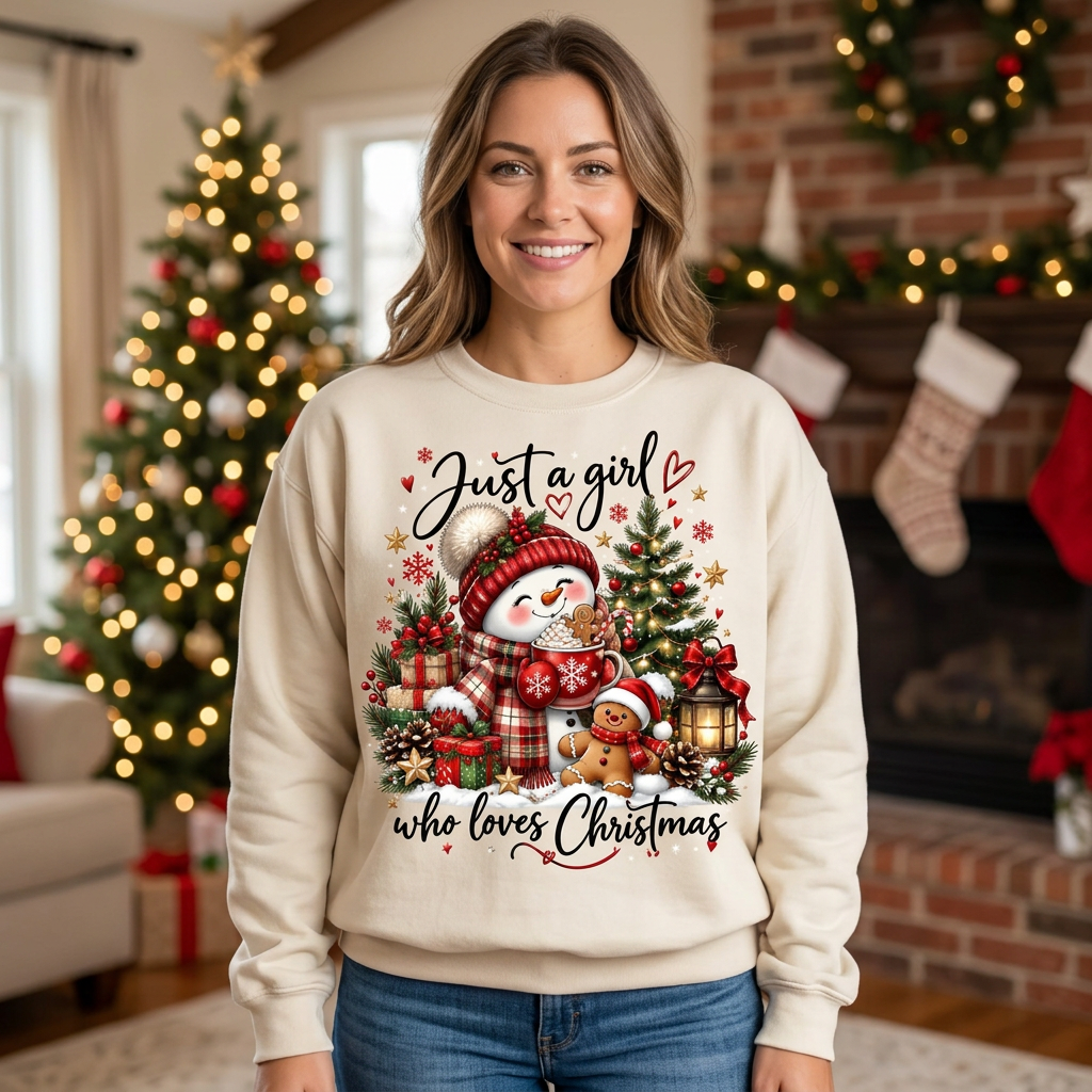 Female US-market Christmas sweatshirt mockup
