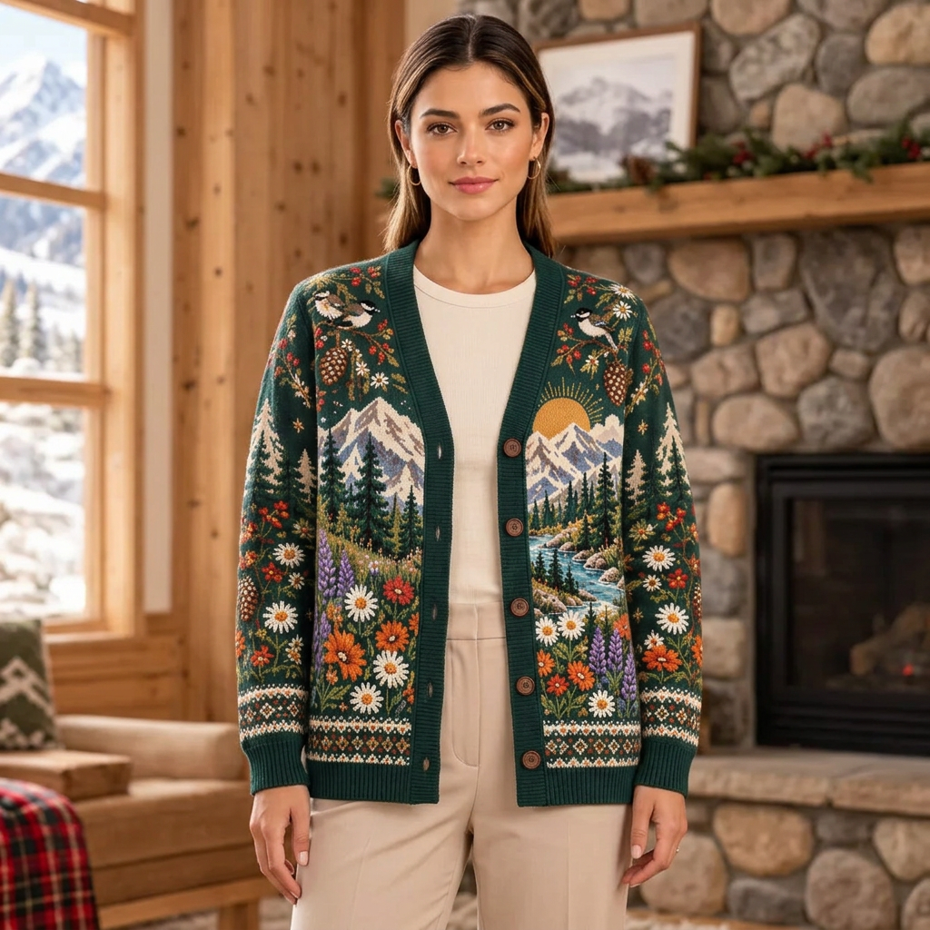 Female US model wearing the alpine landscape cardigan