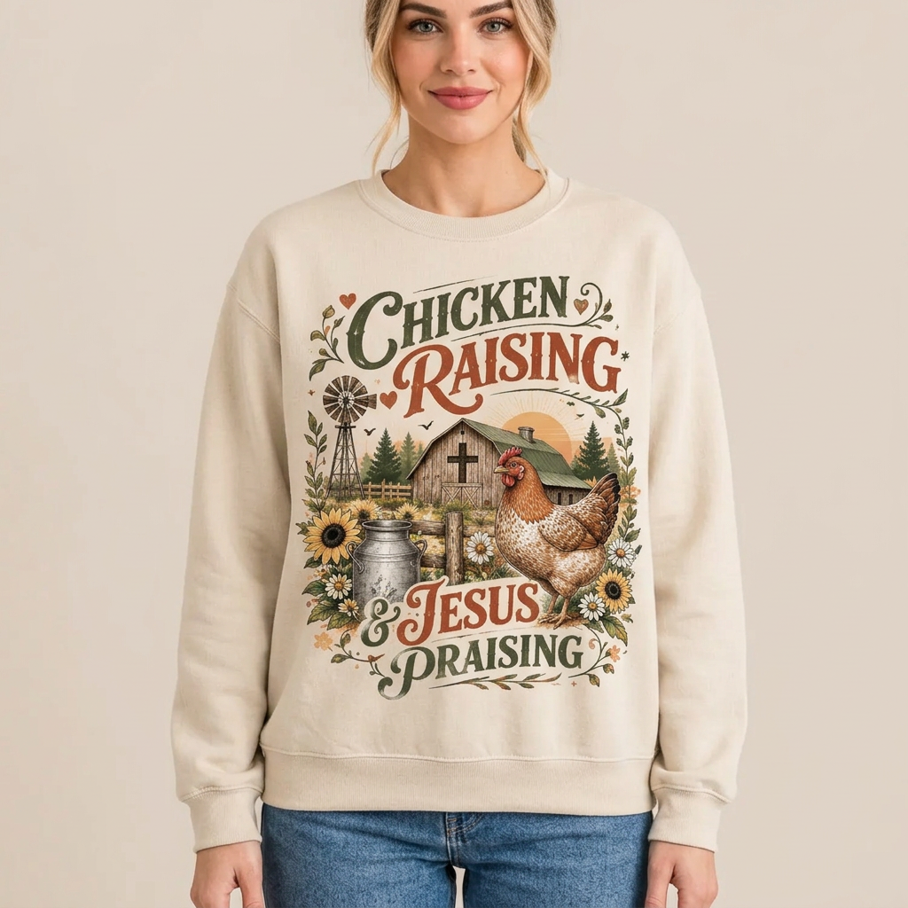 Female US model wearing the Chicken Raising and Jesus Praising sweatshirt
