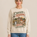 Female US model wearing the Chicken Raising and Jesus Praising sweatshirt
