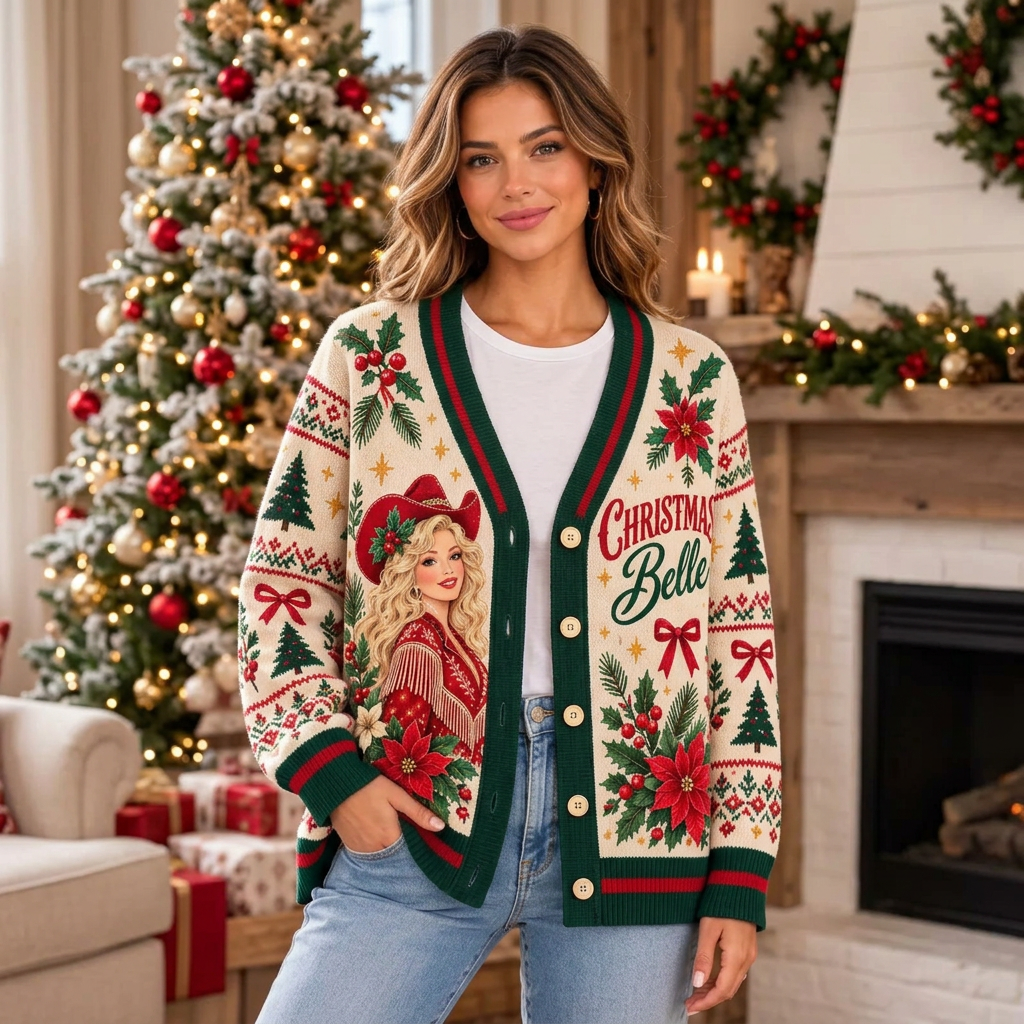 Female US model wearing the Christmas Belle cardigan