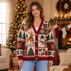 Female US model wearing the Christmas cardigan