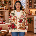Female US model wearing the gingerbread Christmas cardigan