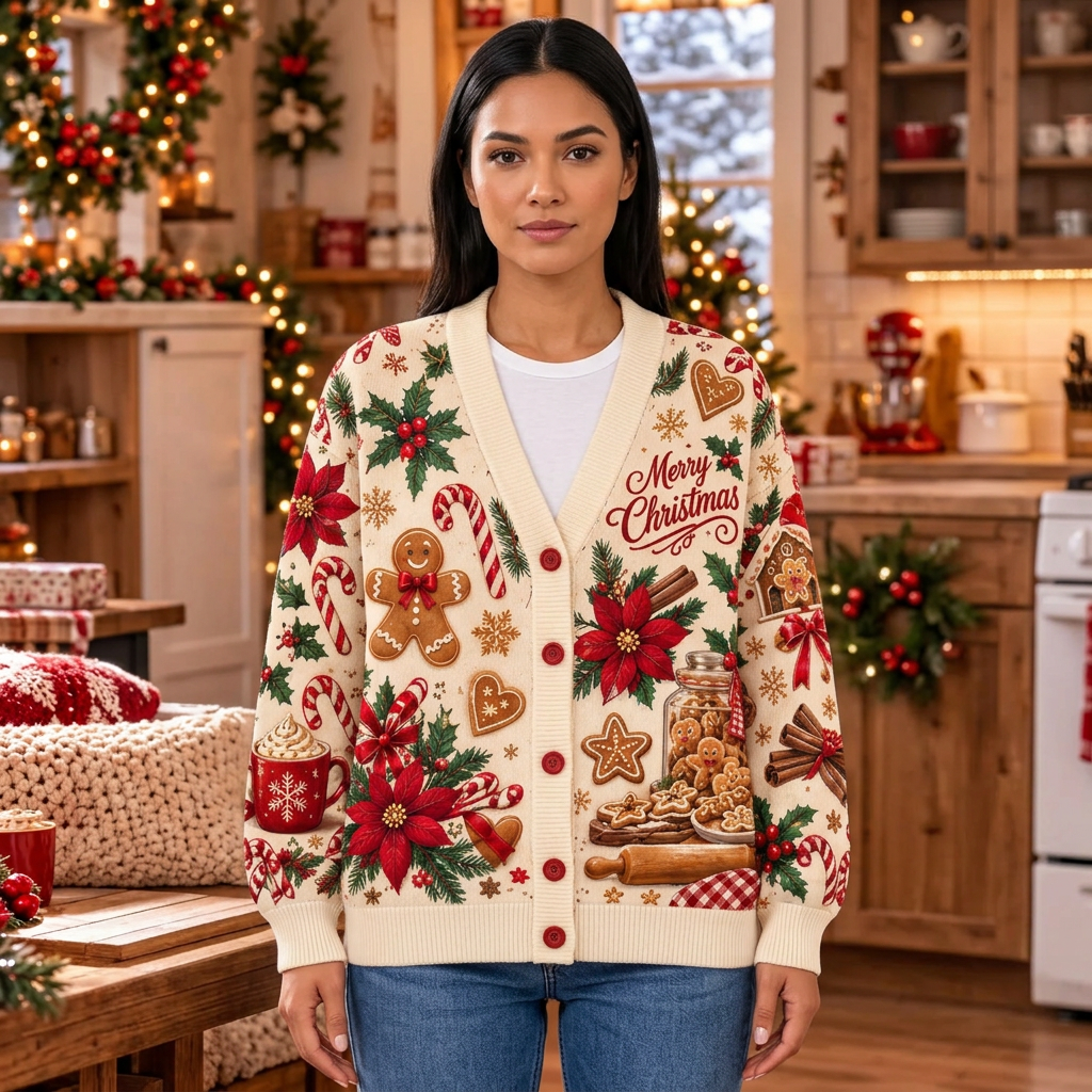 Female US model wearing the gingerbread Christmas cardigan