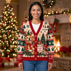 Female US model wearing the golden retriever Christmas cardigan