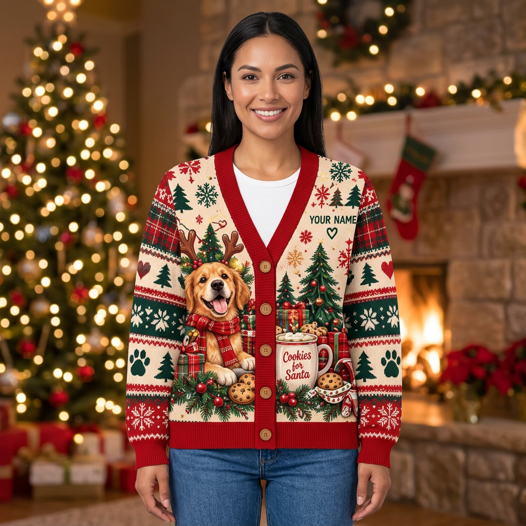 Female US model wearing the golden retriever Christmas cardigan