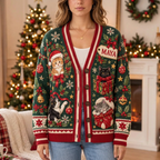 Female US model wearing the green Christmas cat cardigan